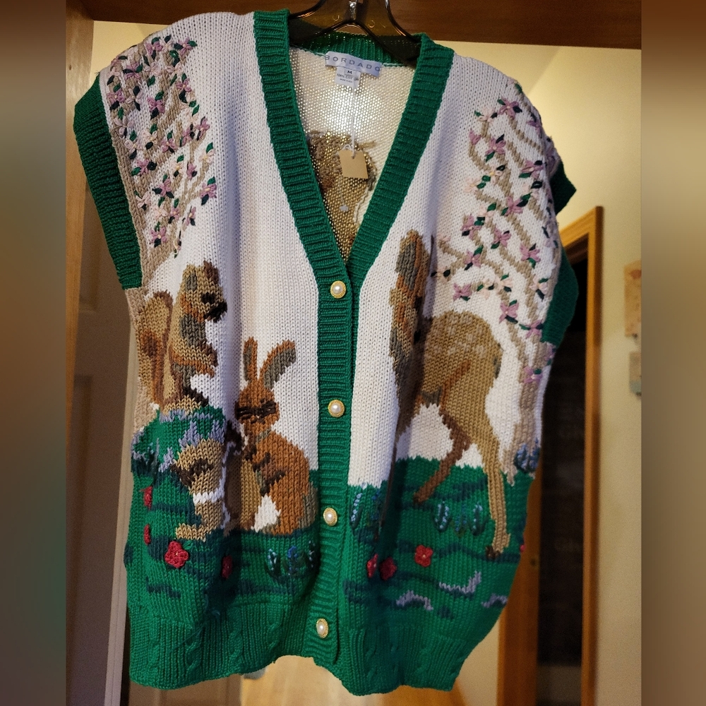 New womens vintage bordado forest scene sweater vest size medium